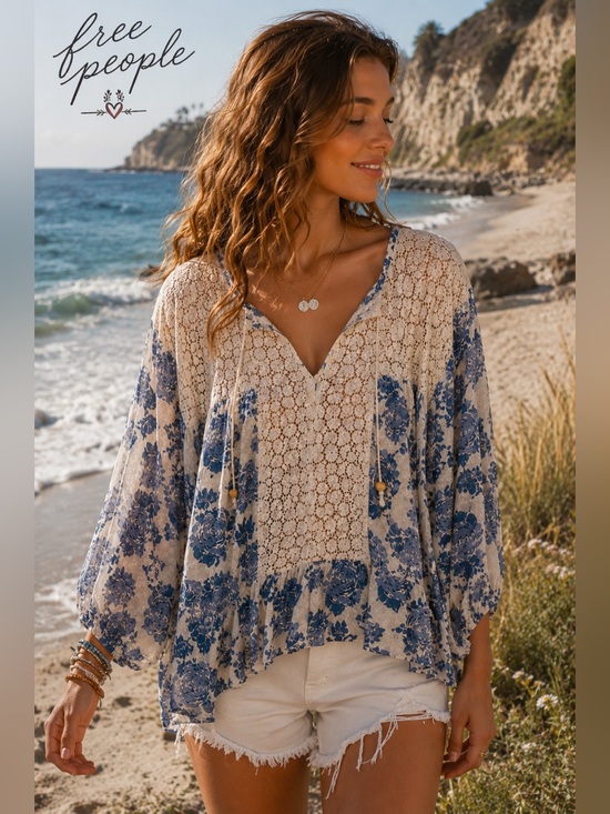 Free People Tops - Free People Moon River Peasant Blouse Medium Blue Floral Lace Boho Tunic Top A2
